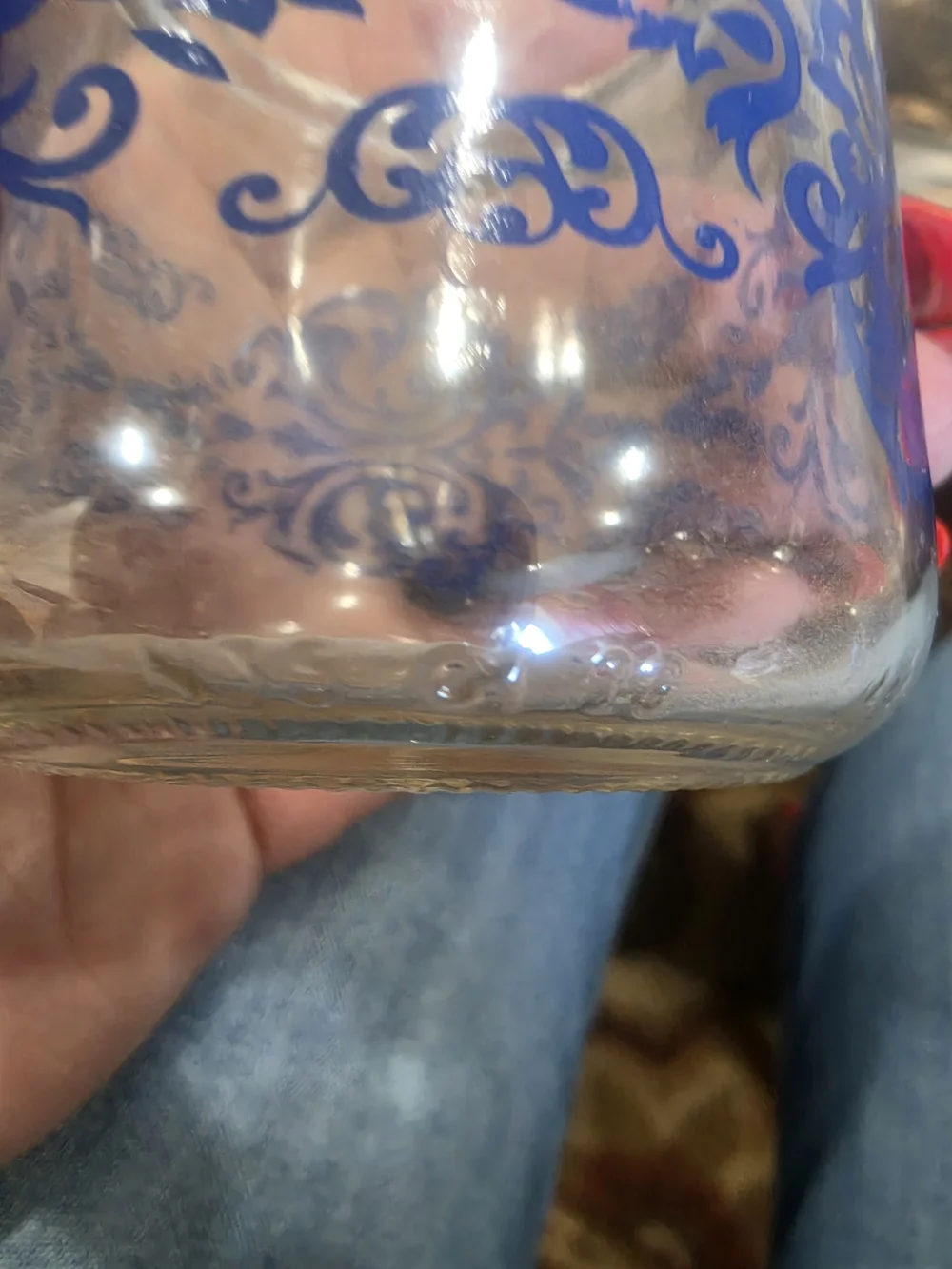 Source Unknown Clear Glass Votive Set with Blue Fan Pattern